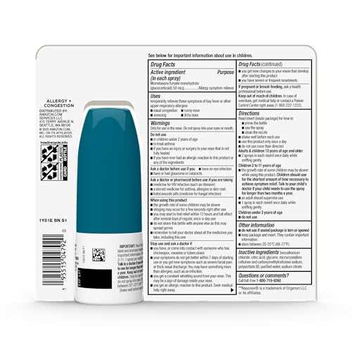AMAZON BASIC CARE ALLERGY NASAL SPRAY, MOMETASONE FUROATE 50 MCG, 24-HOUR NON-DROWSY RELIEF, 120 SPRAYS, 0.57 FL OZ, COMPARE TO NASONEX