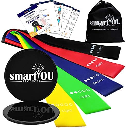 Resistance Loop Exercise Bands (5) and Core Sliders (2) with Carrying Bag - Home Fitness Equipment for Arms, Shoulders, Legs, Butt, Physical Therapy, Stretching, Strength, Ab Workout and an eBook.