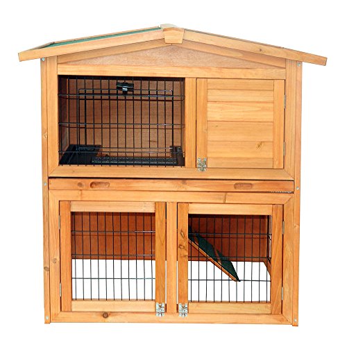 Olymstore 40'' Wooden Rabbit Hutch Chicken Coop House with Tray Ladder, Triangle Roof Waterproof Wood Pet Cage for Small Animals - Thumbnail 4