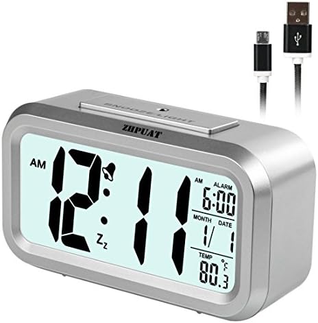 ZHPUAT [Special Version] Smart Light Alarm Clock with Dimmer Display on Black Screen, Both Cord and Batteries Supply, Easy Operation (Silver)