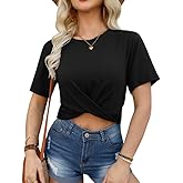For G and PL Summer Women's Crop Tops Casual Crewneck Short Sleeve Twist Front Tee T-Shirt
