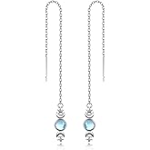 Triple Moon Goddess Earrings 925 Sterling Silver Threader Earrings Drop Dangle Moonstone Earrings with Long Chain Birthday Jewelry Gifts for Women