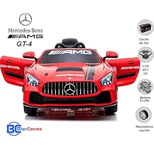 BC BABY COCHES Coche electrico para niños 12V con Mando Control Remoto 2.4Ghz – Mercedes AMG-GT 4 Coche Batería 12v – Ruedas con NEUMÁTICOS Caucho – Asa de Transporte.
