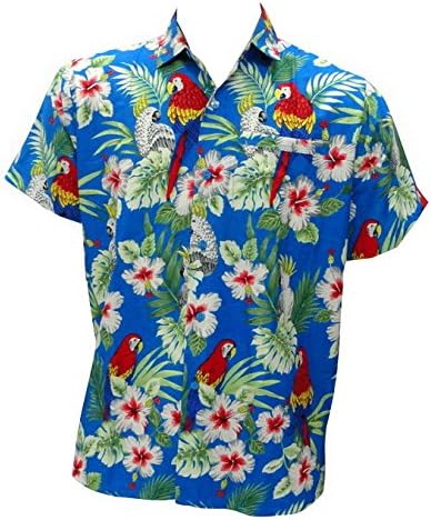 LA LEELA Blue Parrot Printed Beach Hawaiian Shirt for Men Blue