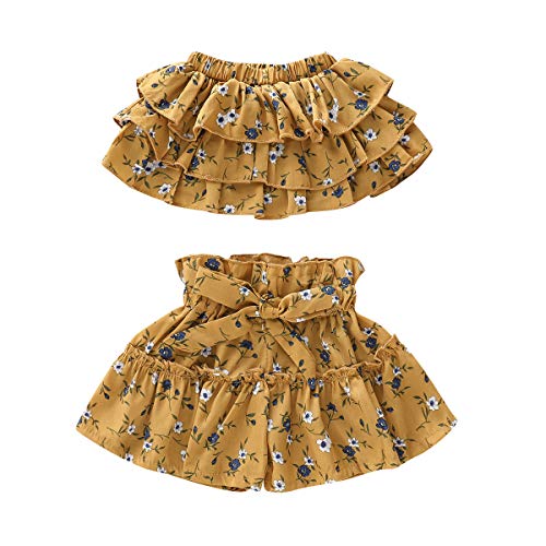 Toddler Baby Girl Yellow Floral Ruffles Off-Shoulder Crop Top + Tutu Shorts Skirts with Bow Belt Clothes Set (Floral Yellow, 18-24 Months)