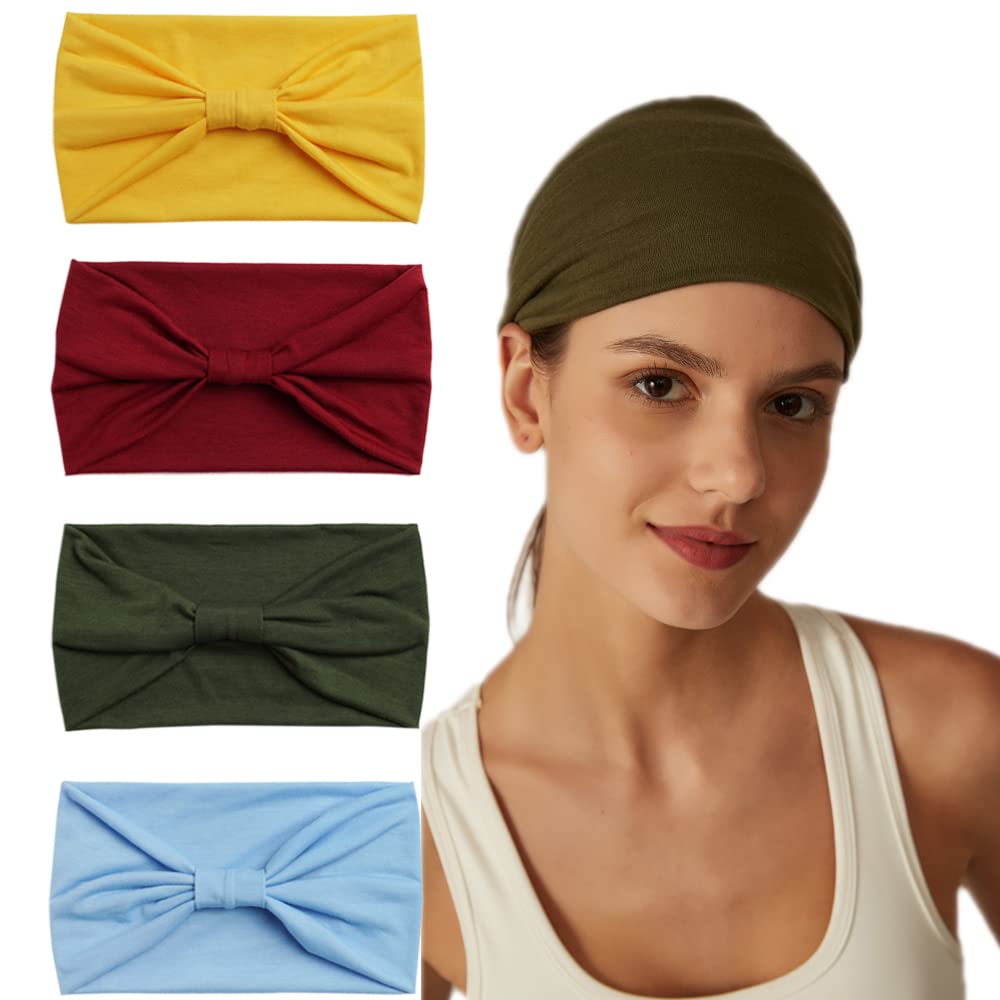 4Pcs Headbands for Women Wide Knotted Turban Bandana Boho Head Scarfs Wraps Yoga Hairbands Fabric Elastic Headband Sport Running Headscarves (PlainRed)