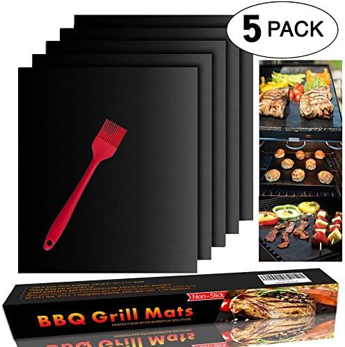 TOPAIS Grill Mat Non-stick BBQ Grill &amp; Baking Mats with a Silicone Brush (Red Color ) - FDA-Approved, PFOA Free, Works on Gas, Charcoal, Electric Grill, - 13 X 15.75 Inches (5 pack with a brush)