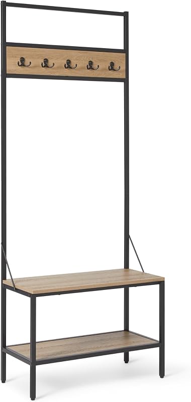 , Banco de Entrada con Ganchos, Perchero, Perchero, Arbol de Pasillo con Almacenamiento de Zapatos, 34 x 72 x 182 cm, Roble