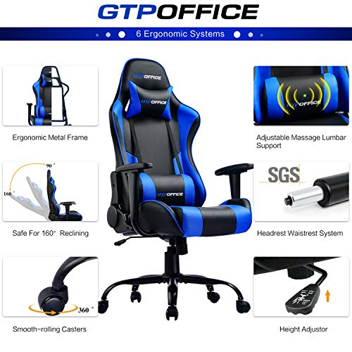 GTPOFFICE Gaming Chair Massage Office Computer Chair for Adult Reclining Adjustable Swivel Leather Computer Chair High Back Desk Chair Headrest and Massage Lumbar Support Cushion(Blue)