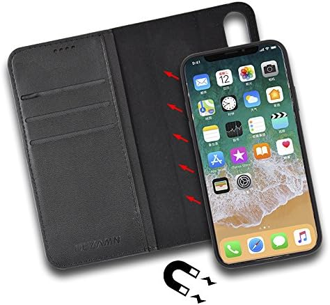 iPhone X Case Italian Head Layer Cowhide Wallet Case Detachable 2 in 1 Magnetic Closure Leather Flip Cover with Card Kickstand Protective Support Wireless Charging Auto Sleep/Wake Function Black