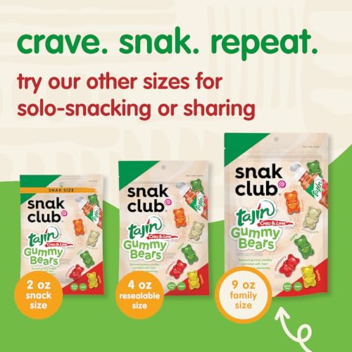 SNAK CLUB TAJIN GUMMY BEARS, ASSORTED FRUIT CANDY GUMMIES WITH CHILI AND LIME SEASONING, MILD, GLUTEN-FREE AND VEGAN SNACKS, 9 OZ RESEALABLE BAG