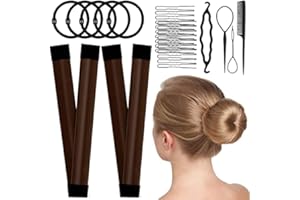 PMRXSETD Magic Hair Bun Maker Donut 2 PCS - French Twist Hair Styling Tool Snap Roll, Hair Bun Accessories with 20 Hair Bobby Pins, 5 Elastic Bands and 4 Pony Hair Tool for Women Kids & Thin Hair (Brown)