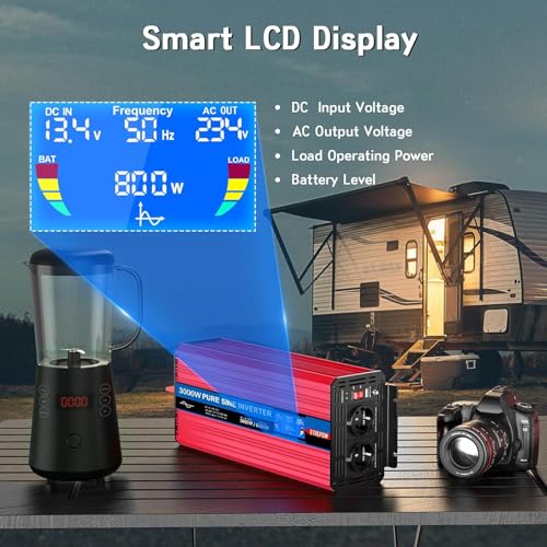 ETREPOW 3000W Inverter 12V 220V Pure Sine Transformer, Inverter with 2 AC Outlets, USB Port, Wireless Remote Control, LCD Display, for Solar Systems, Car, Camping, Travel, Caravan