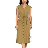 DeftSharp Women's V Neck Workday Dresses Button Down Swing Midi Shirt Dress with Pockets