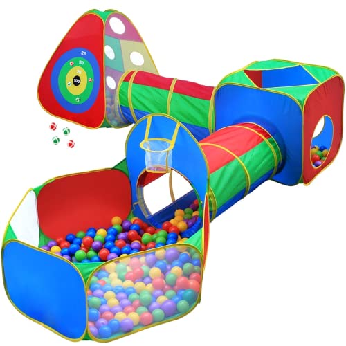 Hide N Side 5pc Kids Ball Pit Tents and Tunnels, Toddler Jungle Gym Play Tent with Play Crawl Tunnel Toy, for Boys Babies Infants Children, Indoor Outdoor Gift, Target Game w/ 4 Dart Balls