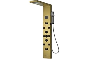 BATHLAVISH Shower Panel Tower System Stainless Steel LED Rainfall Waterfall Shower Head 5-Function Faucet Rain Massage System Wall Mount with 8 Body Jets, Handheld, and Tub Spout, Gold