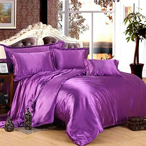 Reliable Bedding 100% Pure Silk Satin Sheet Set 7pcs, Silk Fitted Sheet 15'' Deep Pocket,Silk Flat Sheet,Silk Duvet Cover & Pillowcases Set !!! Full, Purple
