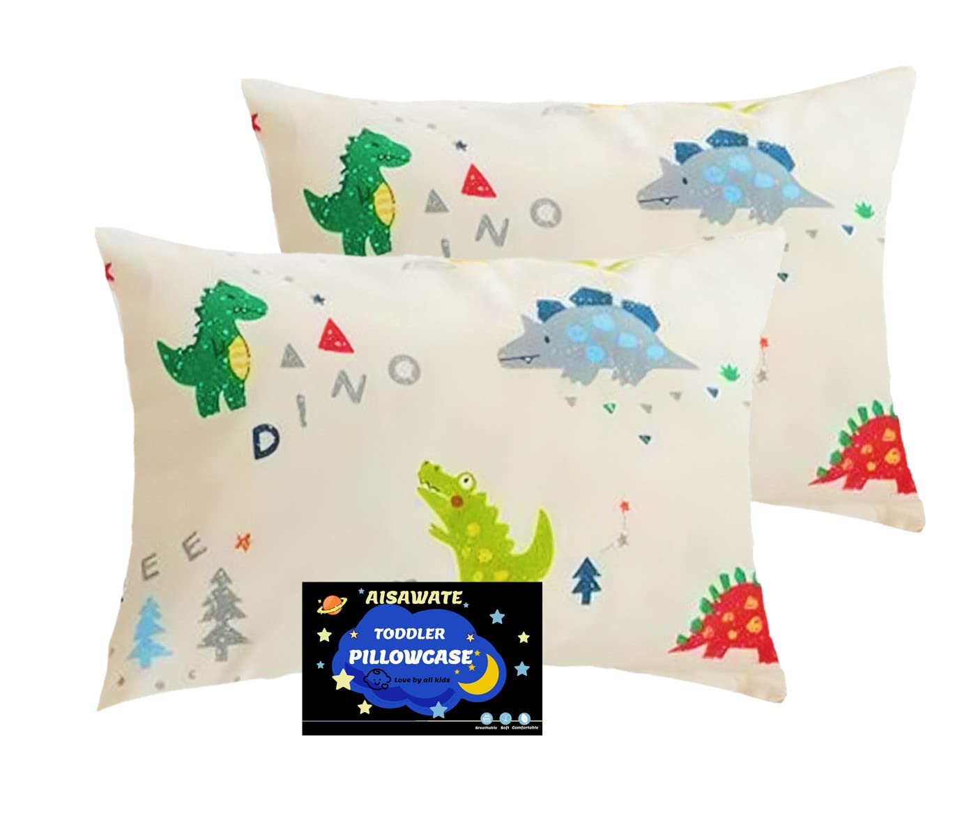 Baby Toddler Pillowcase, 2 Pack 100% Cotton Pillow Cover, Cot Bed Pillow Pair Cases 40x60cm, Soft and Breathable Baby Pillowfor Boy & Girl Bedding, Kids Travel Pillow Pillowcase（Dinosaur