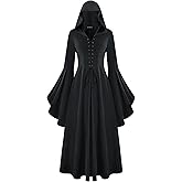 Scarlet Darkness Womens Renaissance Costume Medieval Hooded Pirate Bell Sleeve Peasant Dress with Pockets