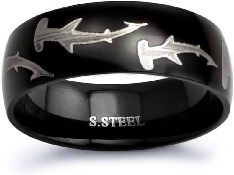 Silver Hearts JewelryEngraved Hammerhead Shark Design Black Plated Stainless Steel Ring size 10