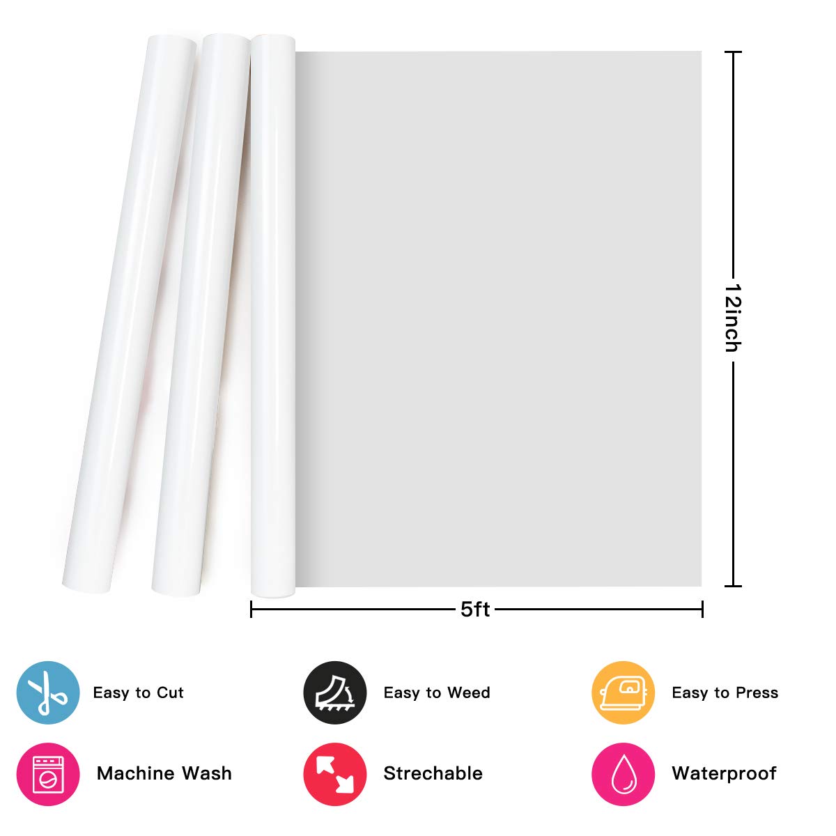 YRYM HT Premium Heat Transfer Vinyl - 12" x 5ft (30.5x152CM) White HTV Roll for T-Shirt Iron-On Transfers - Image 3