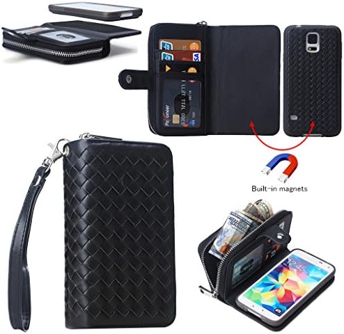 Samsung Galaxy S5 i9600,ATQ® Woven Grain Leather Wallet Case 2 in 1 Magnetic Detachable Back Cover Flip Case with Wrist Strap For Samsung Galaxy S5 i9600 With Stylus