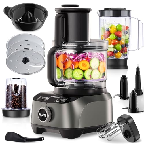 YASHE Multifunctional Food Processor, 2.5L Bowl & 1.5L Glass Blender, Mixer, Grinder, Juice Extractor, Kneader, Slicer & Grater, 3 Speeds + Pulse, Safety Lock