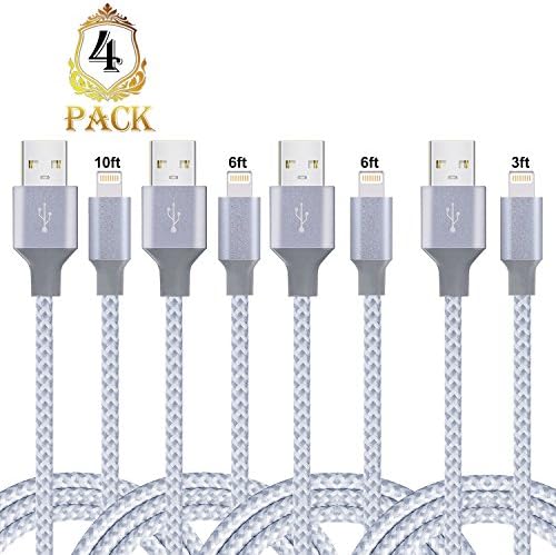 iPhone Cable,HWTONG Lightning Cable 4Pack 3FT 6FT 6FT 10FT to USB Syncing and Charging Cable Data Nylon Cord for iPhone X/8/8 Plus/7/7 Plus/6s/6s Plus/6/6 Plus,iPad,iPod and more (Grey White)