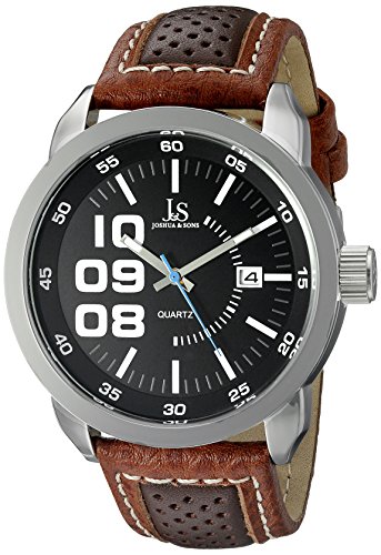 Joshua & Sons Men's JX106BR Silver Quartz Watch with Black Dial and Brown and Red Leather Strap