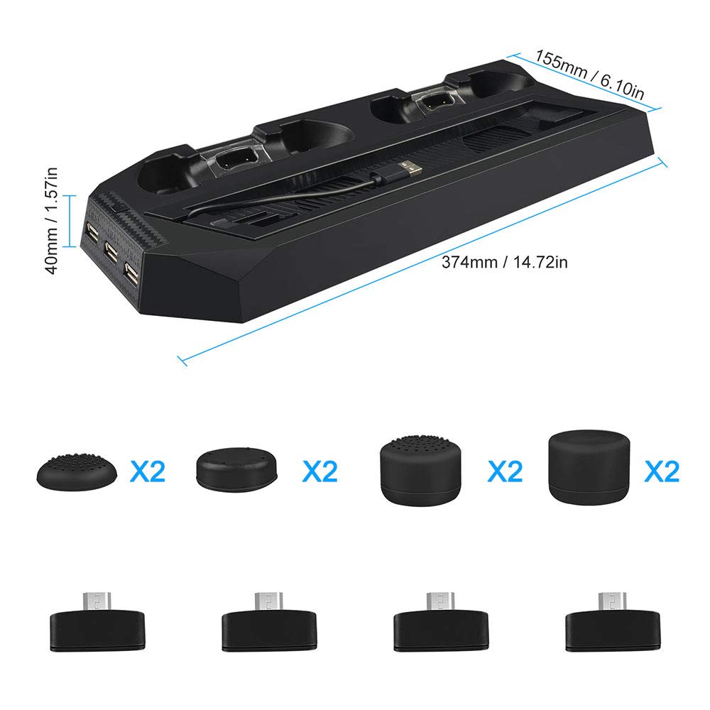 ELUTENG PS4 Slim/Pro Stand with 2 Cooling Fans PS4 Controller Charger with 8 Extra Buttum Caps Non-Slip Mats PS4 Vertical Stand with 3 Extra USB HUB Ports