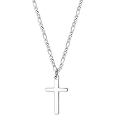 TASBERN Simple Cross Necklace Silver Stainless Steel Plain Cross Pendant Neklace for Men Women Figaro Chain 18-24 Inch (16, silver cross 0.7"*1.2")
