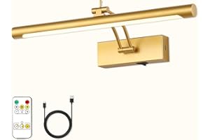 7Degobii Battery Operated Picture Light with Remote - Wireless Gallery Lights, Gold 15.75in Rechargeable Display Light with Flexible Swing Arm, Dimmable Wall Sconce for Artwork on Wall