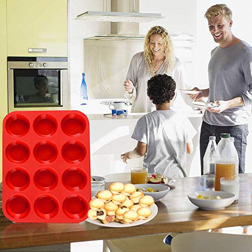Silicone Muffin Pan Silicone Cupcake Baking Cups, 12 Non Stick Silicone Molds for Muffin Tins| Easy Clean |BPA Free| Mini Cupcake Pan (Red)