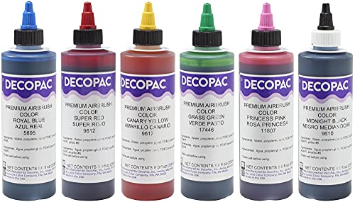 DECOPAC Premium Airbrush Color Multipack, Super Red, Royal Blue, Canary Yellow, Grass Green, Princess Pink and Midnight Black - 8 oz each (Pack of 6, 48oz)