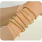 7Pcs Plated Gold Bead Bracelet Set,Minimalist Stackable Dainty Beaded Personalized Bracelet,Trendy Geometric Ball Statement Bangles for Women