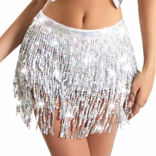 GRAEEN Sliver Sequin Skirt Sparkly Fringe Dance Skirts for Women
