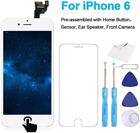 For iPhone 6 Screen Replacement White LCD Digitizer Touchscreen Display Frame Assembly(Pre-Assembled), with Home Button, Proximity Sensor, Ear Speaker, Front Camera, Screen Protector, Repair Tools