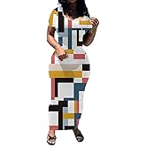 PINSV Women's Casual Bodycon Maxi Dress Summer Scoop Neck Short Sleeve Long Fitted Dresses Club Party