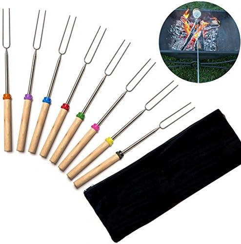 Clover Star Barbecue Forks Marshmallow Roasting BBQ Sticks with Wooden Handle and Storage Bag, Set Of 8 Ideal for Father's Day Gift