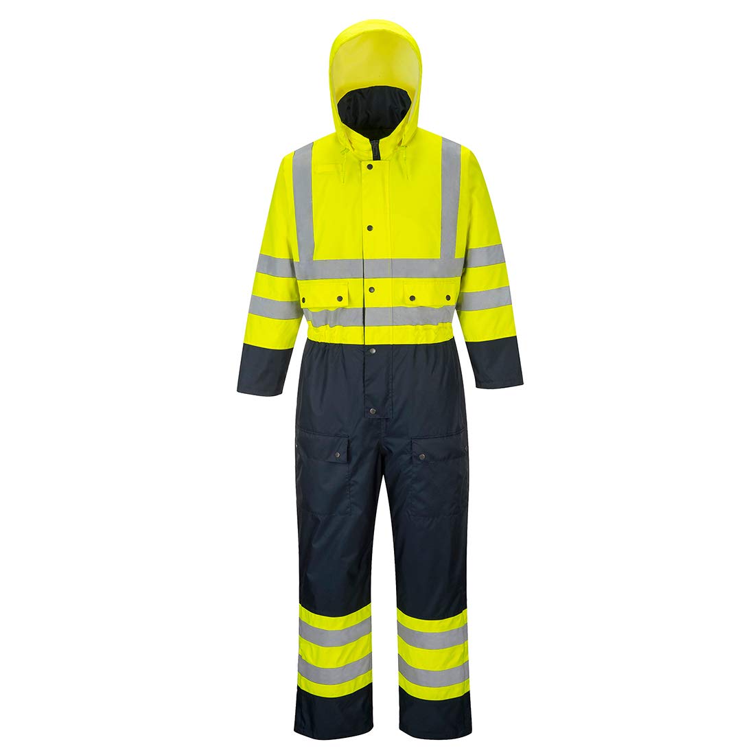 Portwest S485 Men's Hi Vis Winter Work Coveralls Waterproof 300D Polyester Protective Boiler Suit Durable Overalls Thermal Lined Workwear Rain Suit, Yellow/Navy, X-Small