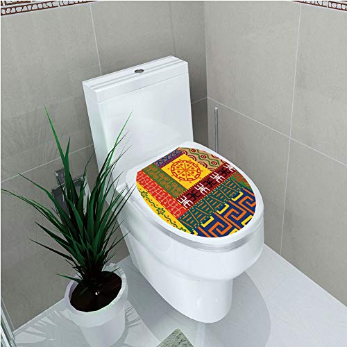 Toilet Sticker 3D Print Design,Primitive,Abstract Ethnic Patterns Ornaments African Style Tribal Symbols Illustration,Yellow Green,for Young Mens,W12.6"xH15.7"