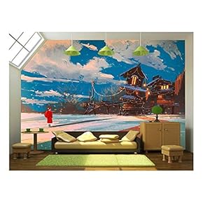 Winter Landscape with Wooden House at Christmas Night,Illustration Painting - Removable Wall Mural | Self-Adhesive Large Wallpaper - 66x96 inches