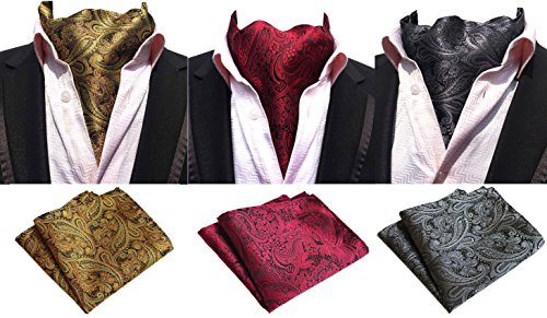 MOHSILY Mens Luxury Paisley 3 Pack Cravat Silk Ascot Scarf Tie Pocket Square Set
