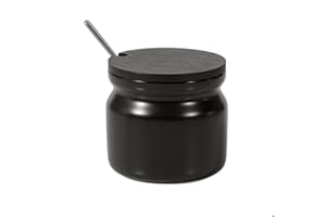 BIHOIB Black Round Sugar Bowl Spice Jar Condiment Pot Salt Container with Wooden Lid and Stainless Steel Spoon, 10 Oz