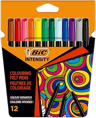 Intensity - Feutre de Coloriage Pointe fine et Corps Noir Mat - Couleurs assorties, Pochette de 12