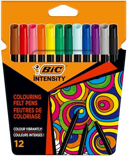 Intensity - Feutre de Coloriage Pointe fine et Corps Noir Mat - Couleurs assorties, Pochette de 12