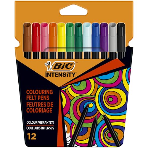 Intensity - Feutre de Coloriage Pointe fine et Corps Noir Mat - Couleurs assorties, Pochette de 12