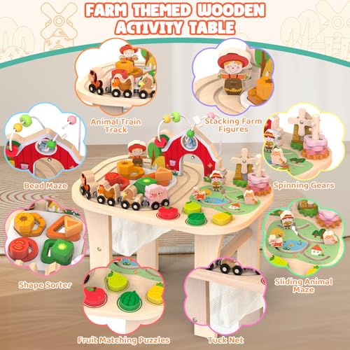 Weilim Montessori Wooden Activity Table, 1 Year Old Baby Toy with Bead Maze and Animal Shape Sorter and Train, Sensory Table, Educational Toy for Children from 12 Months