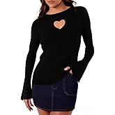 Chvity Women's Heart Cut-Out Knit Sweater – Round Neck Long Sleeve Ribbed 2025 Valentine's Day Pullover Tops