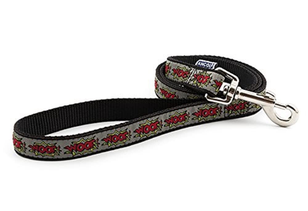 Ancol Grey Woof Dog Lead - Nylon Walking Leash with Superhero Comic Design - Strong Soft Comfortable Lead for Puppies - 19mm W x 1m L